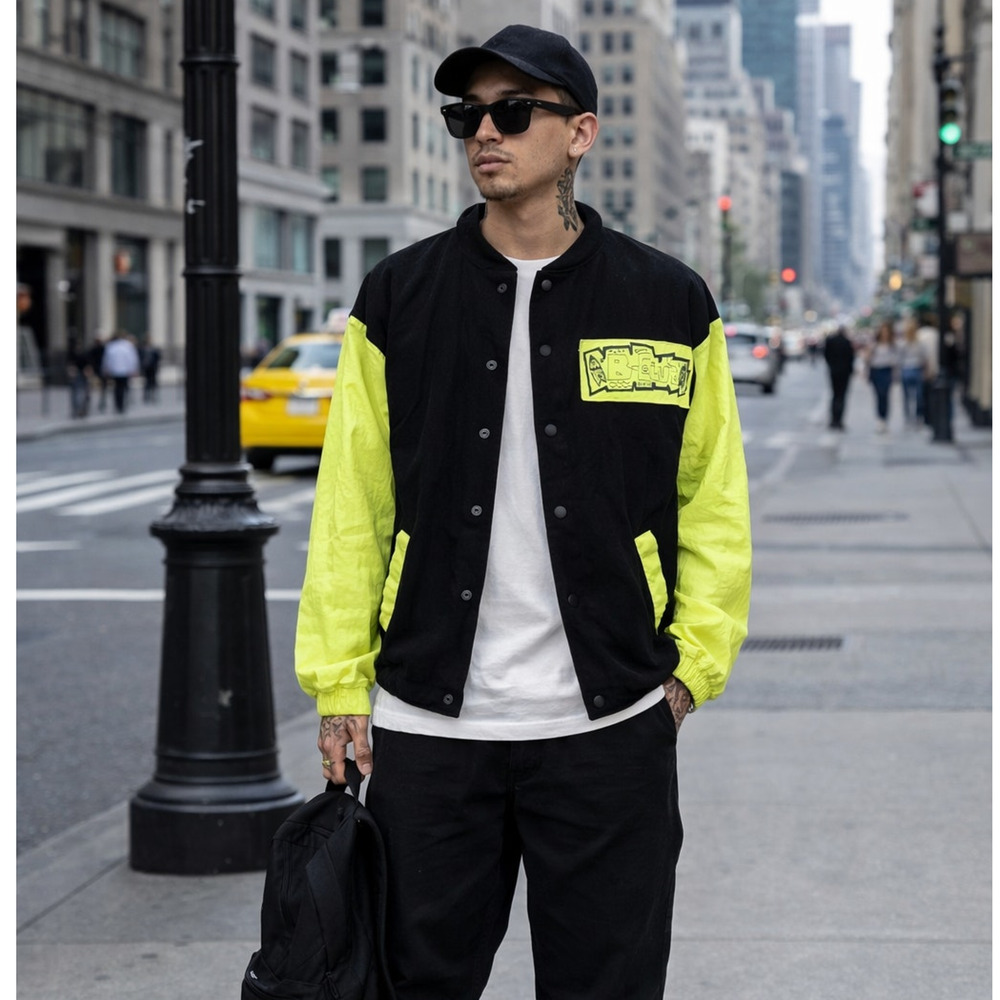 Vtg B-Club Baseball Jacket S/M Black Neon Yellow Coat Snap Retro Streetwear - Picture 14 of 14
